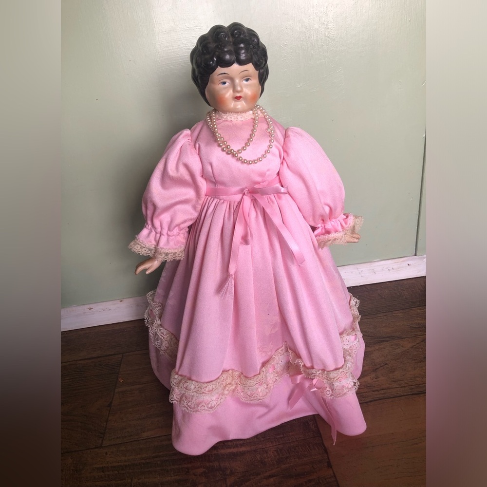 Vintage China Head Doll Number 5 With Cloth Body, 15” Tall, Black Hair Blue Eyes